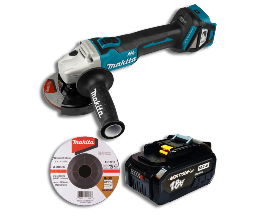 Makita DGA511Z Akumulatorowa szlifierka kątowa + Akumulator Mortison 18V 10Ah BL1860 1850 21700