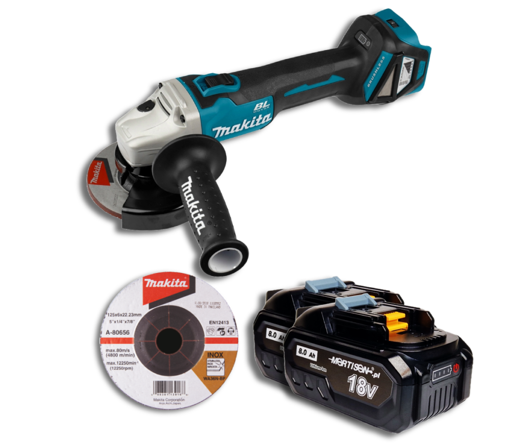 Makita DGA511Z Akumulatorowa szlifierka kątowa + 2x Akumulator Mortison 18V 8Ah BL1860 1850 21700